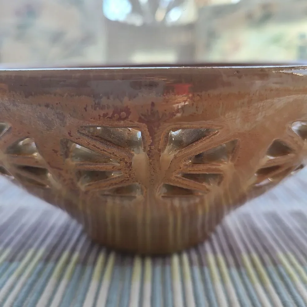 Vintage Clay Pottery Reticulated Bowl Earth-Tone Colors Handmade Artisan Pottery